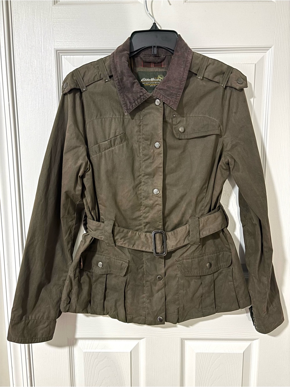 Barn Jacket Eddie Bauer Olive Utility Belted Field Jacket with Corduroy Collar
